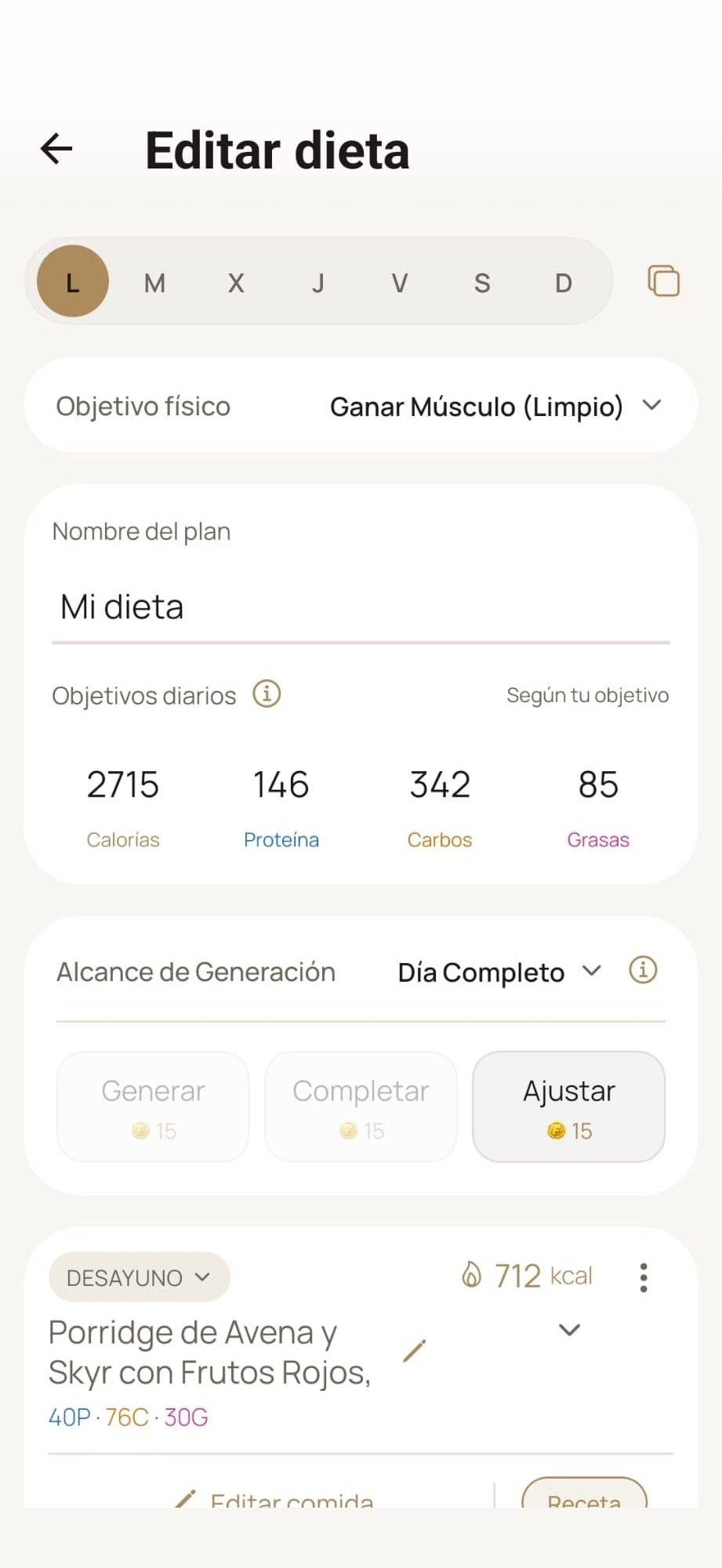 Configuración de objetivos y plan de dieta en MyProgressFit