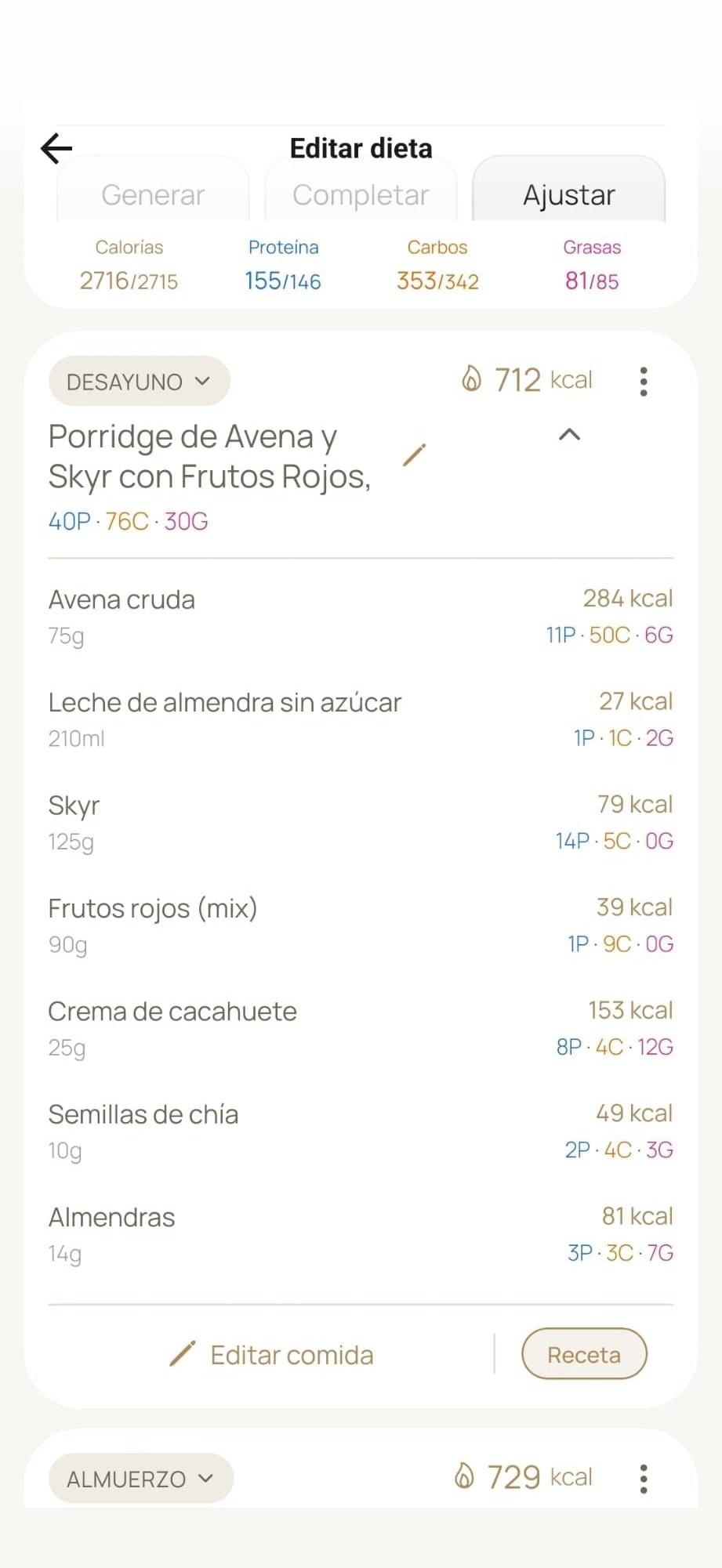 Comparativa de objetivos y edición de comidas en MyProgressFit