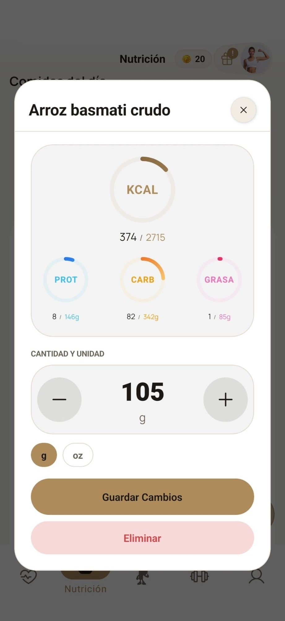 Ajuste de cantidades e ingredientes en MyProgressFit