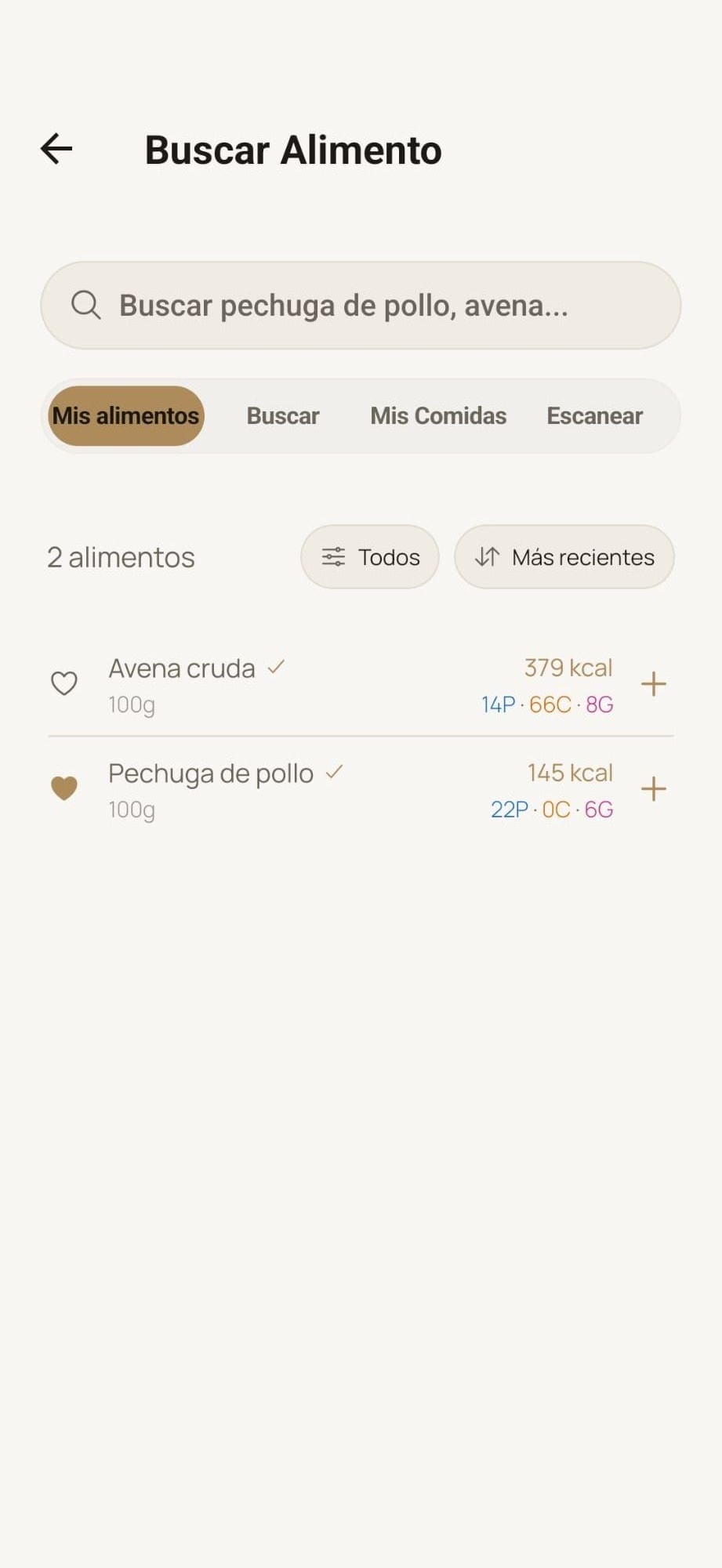 Acceso rápido a alimentos frecuentes en MyProgressFit