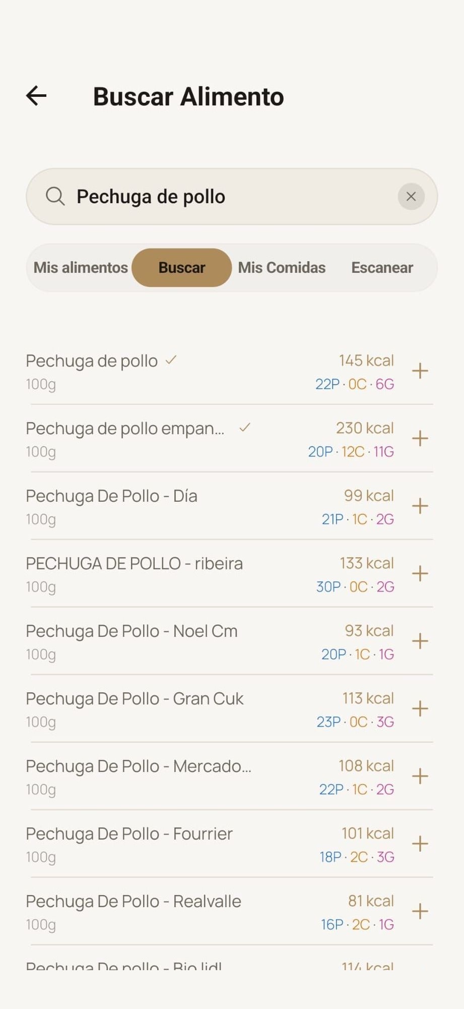 Búsqueda de productos y alimentos en MyProgressFit
