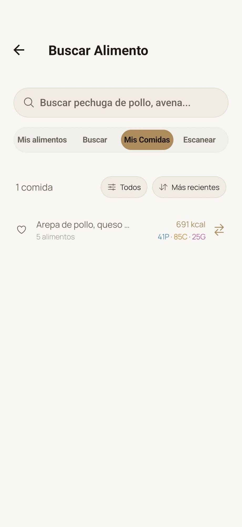 Reutilización de comidas guardadas en MyProgressFit