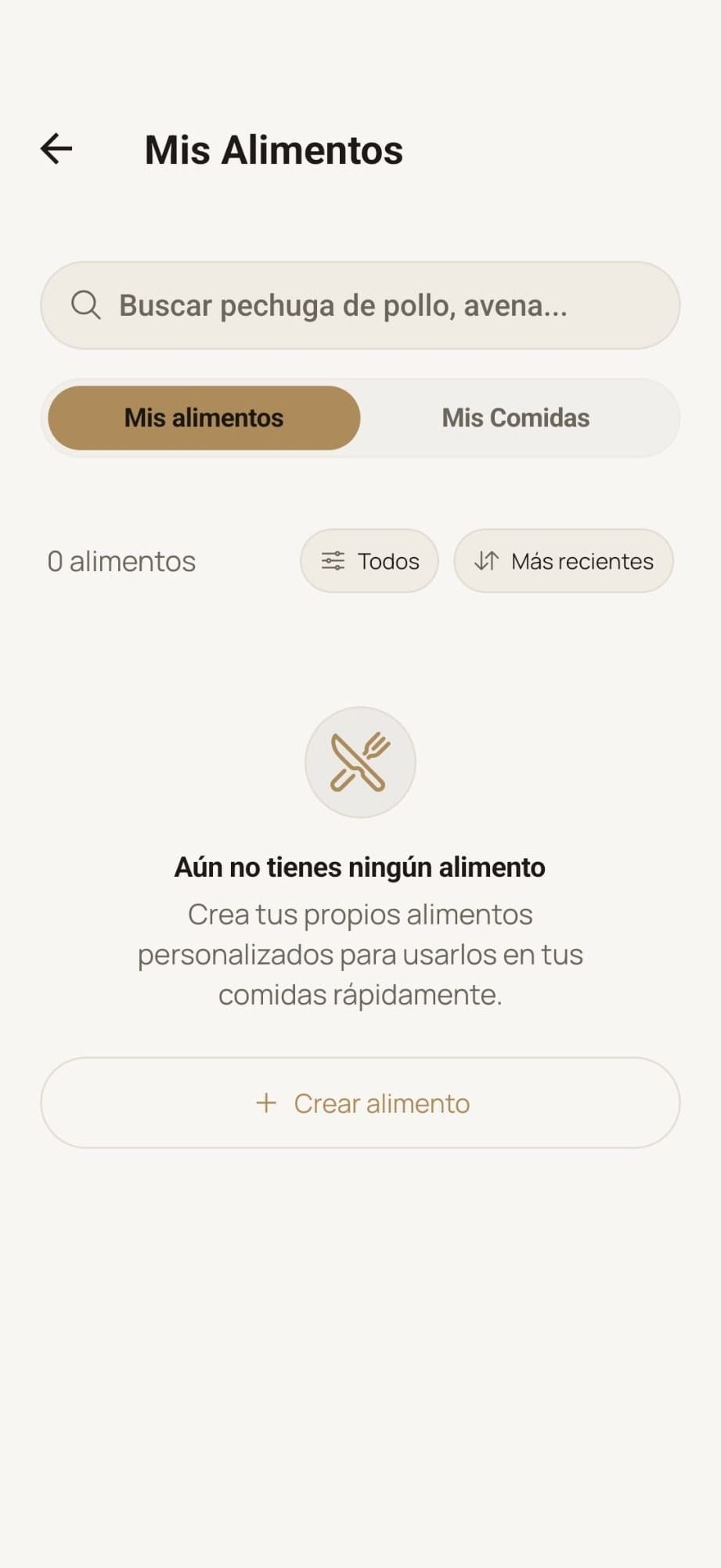 Biblioteca de alimentos personalizados en MyProgressFit