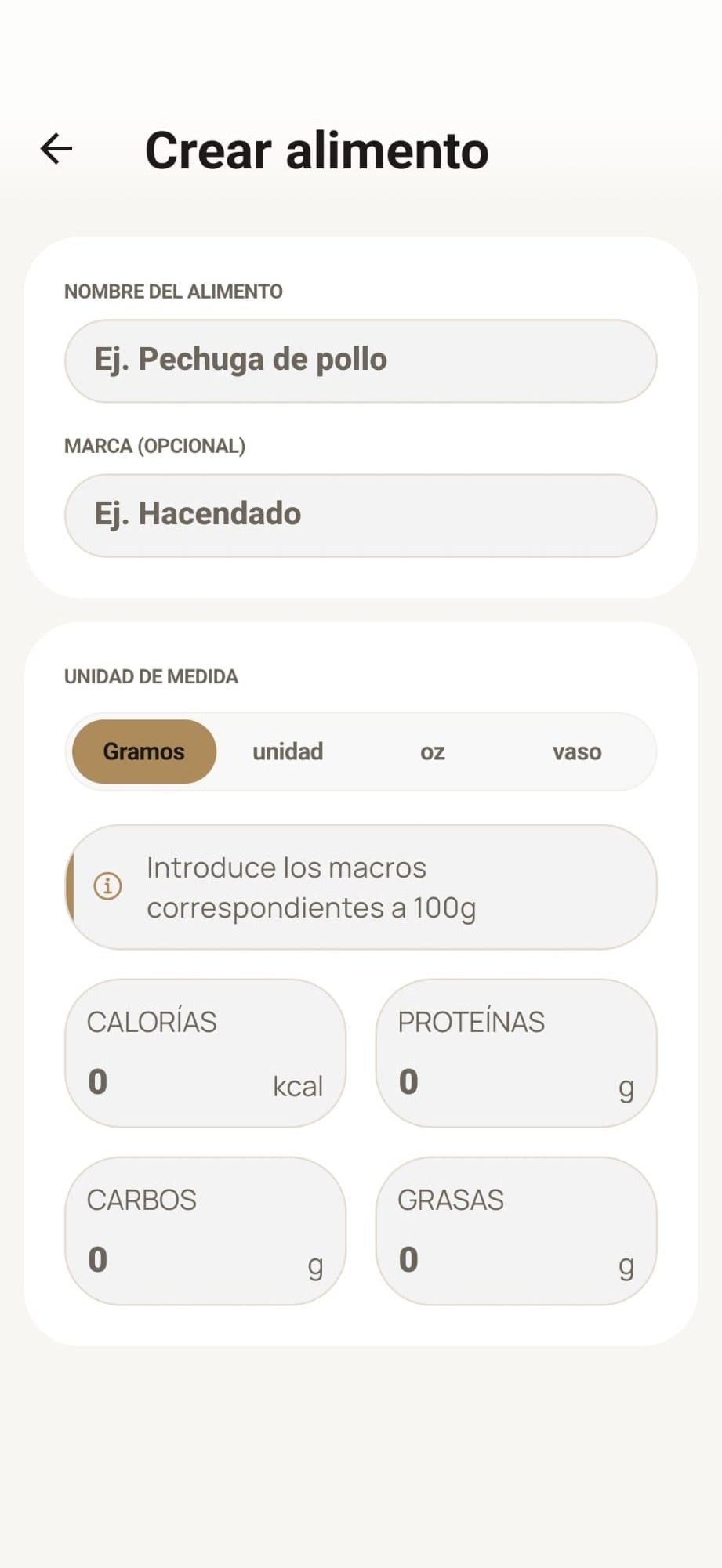 Creación de alimento personalizado en MyProgressFit
