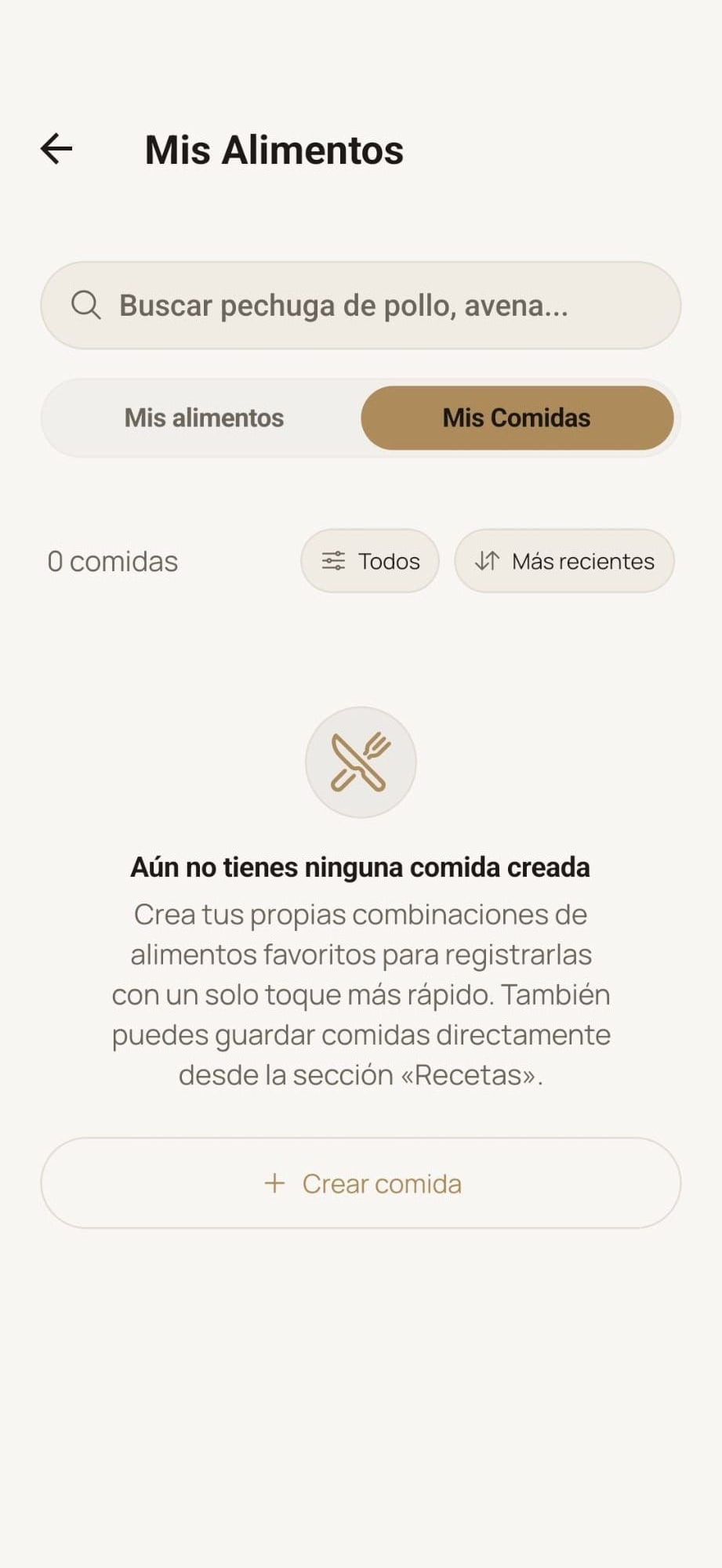 Organización de comidas habituales en MyProgressFit