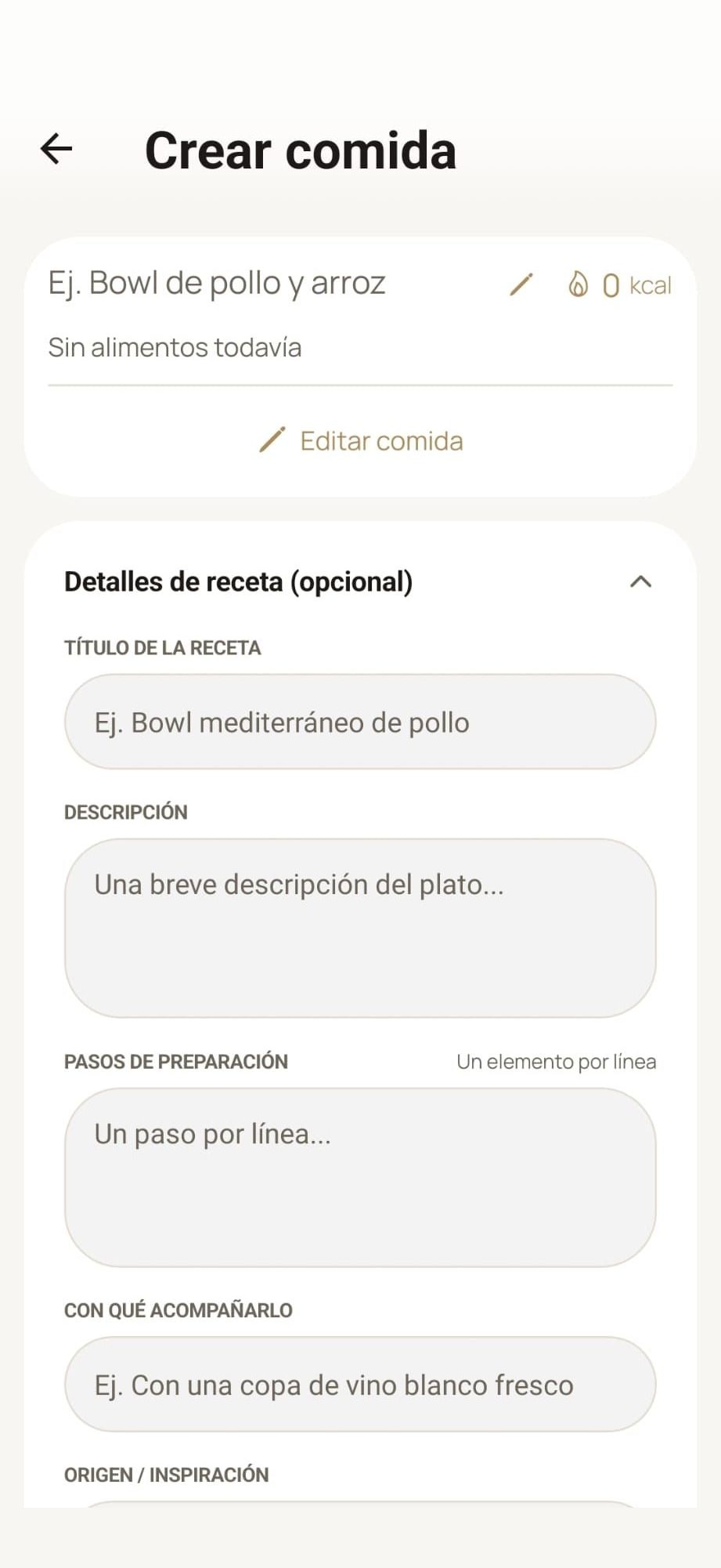 Creación de recetas y platos completos en MyProgressFit
