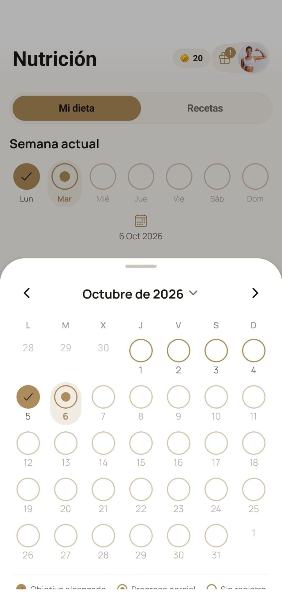 Historial semanal y mensual de constancia nutricional en MyProgressFit
