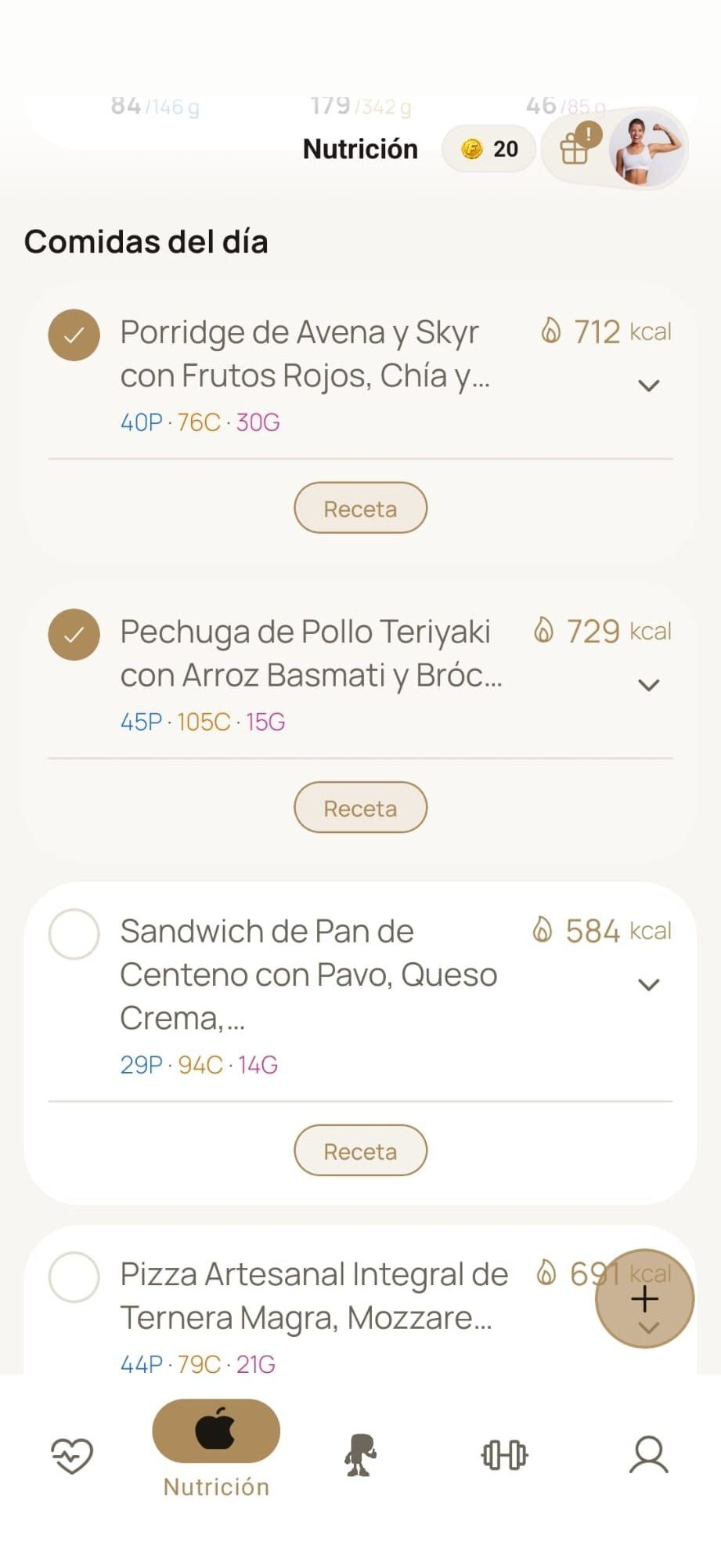 Registro rápido de comidas planificadas en MyProgressFit