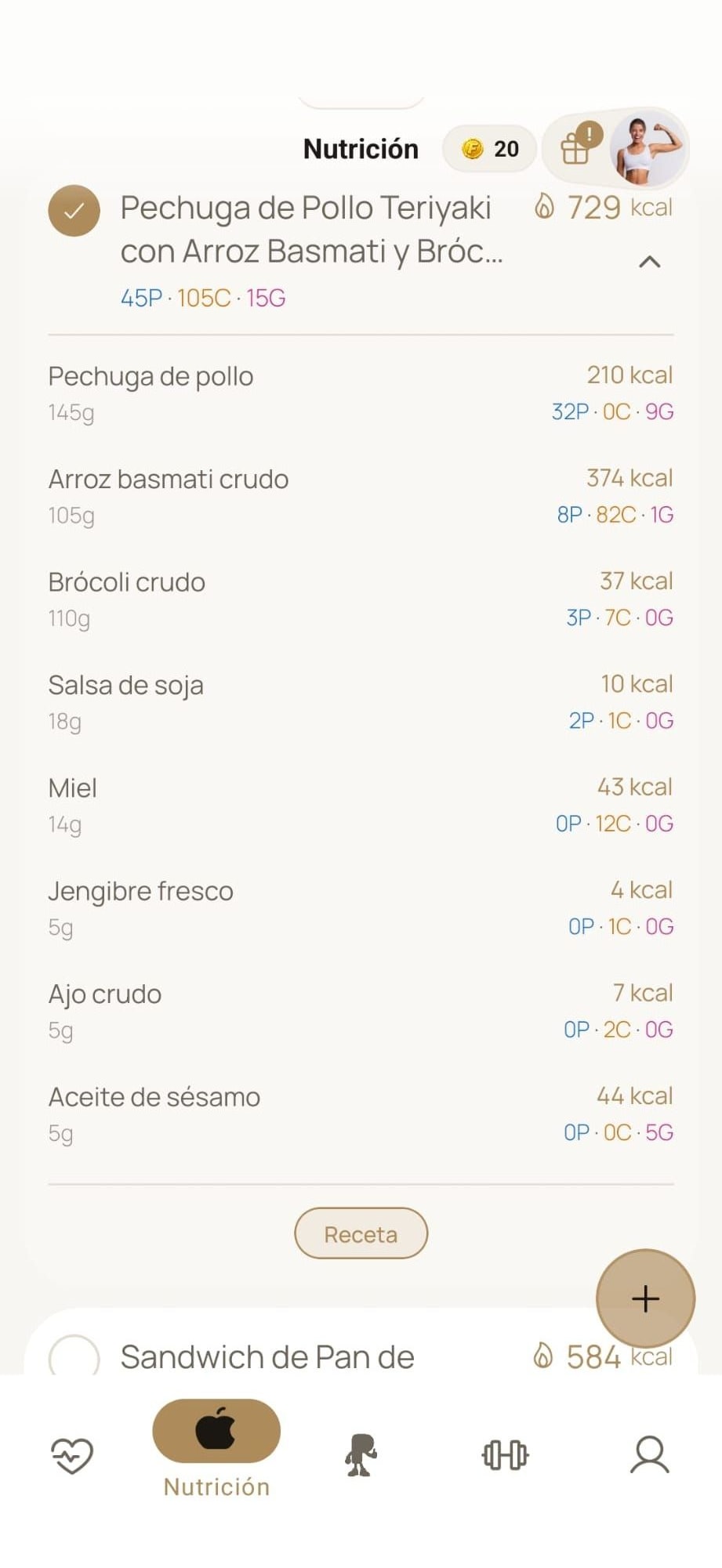 Detalle de ingredientes y macronutrientes por comida en MyProgressFit