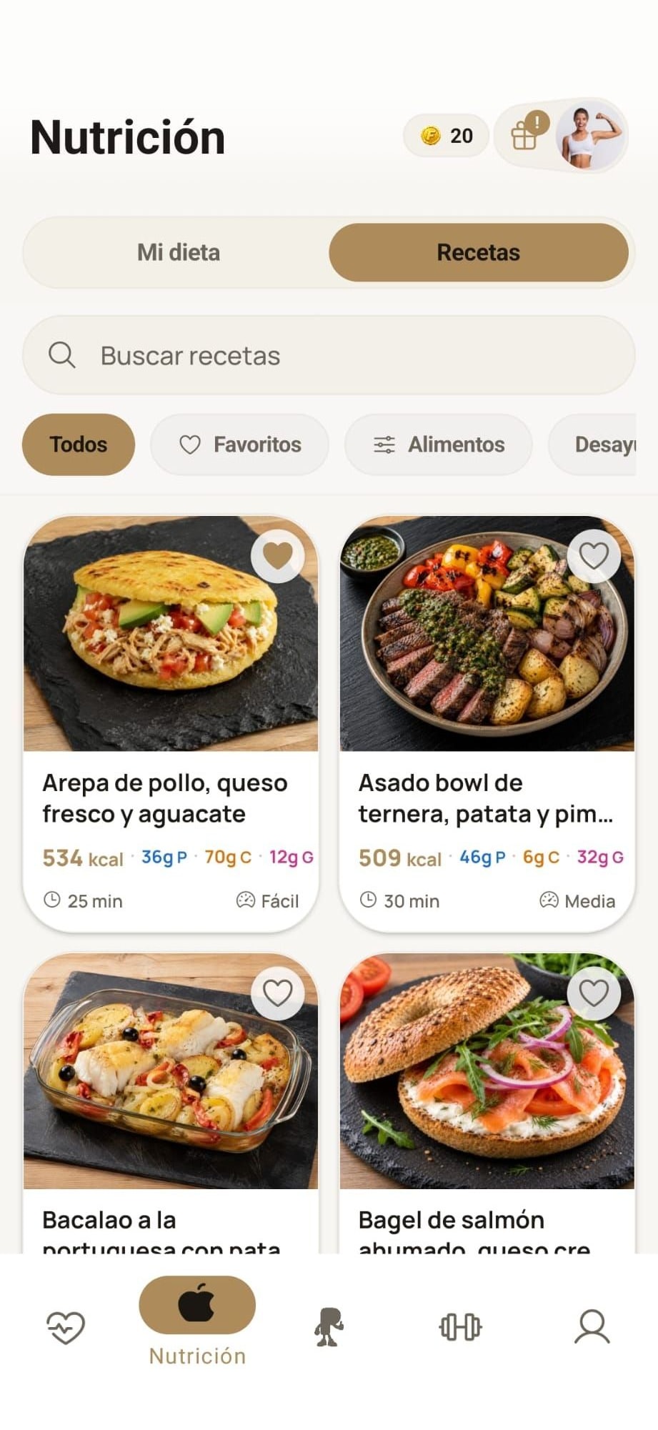 Exploración y filtros de recetas en MyProgressFit